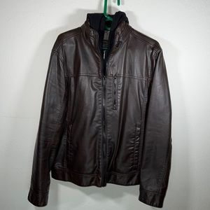Calvin Klein, Brown, Medium, Pleather Jacket with Removable Hood